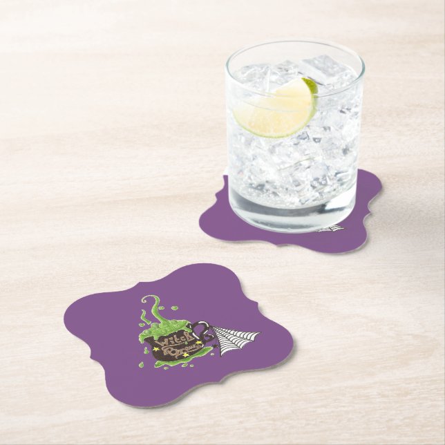 Halloween party witch's brew purple paper coasters (Insitu)