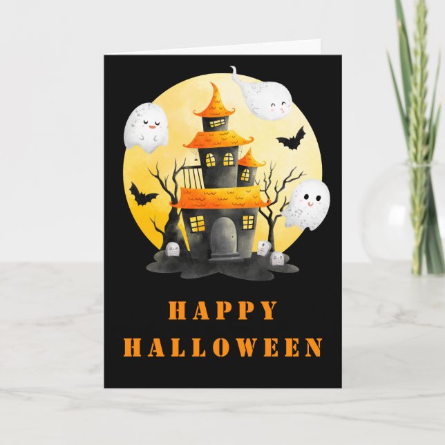 Halloween Party with Haunted House and Ghosts Card (Front)