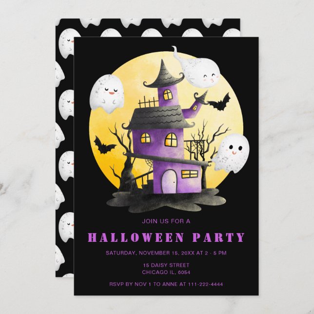 Halloween Party with Haunted House and Ghosts Invitation (Front/Back)