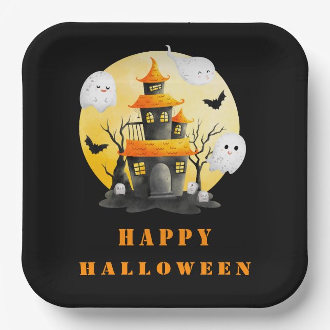 Halloween Party with Haunted House and Ghosts Paper Plate (Front)