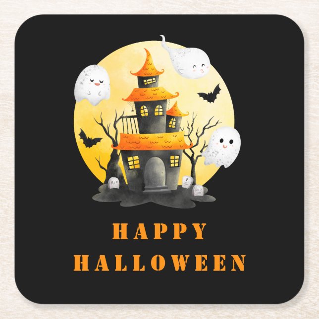 Halloween Party with Haunted House and Ghosts Square Paper Coaster (Front)