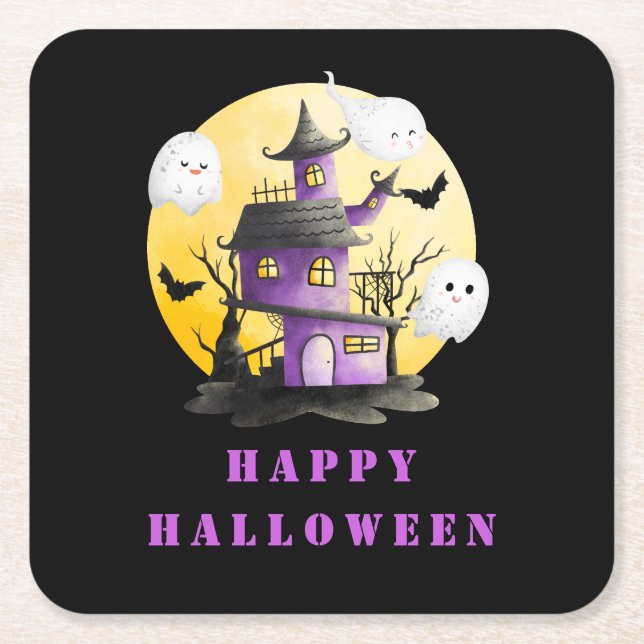 Halloween Party with Haunted House and Ghosts Square Paper Coaster (Front)