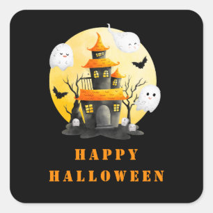 Halloween Party with Haunted House and Ghosts Square Sticker