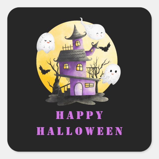 Halloween Party with Haunted House and Ghosts Square Sticker (Front)