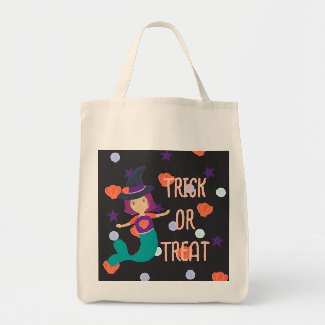 Halloween Pastel Mermaid Witch Trick or Treat Tote Bag (Front)