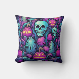 Halloween Pastel Skulls and Pumpkins Cushion