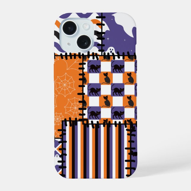 Halloween Patchwork Cats Ghosts iPhone 15 Case (Back)