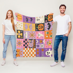 Halloween Patchwork Pattern – Festive Squares Fleece Blanket