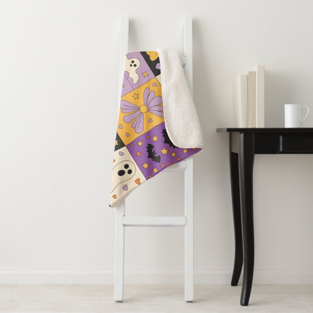  Halloween Patchwork Pattern – Festive Squares  Sherpa Blanket (In Situ)