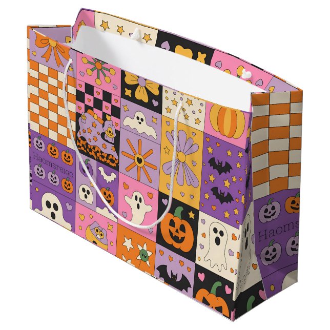 Halloween Patchwork Pattern – Festive Squares with Large Gift Bag (Back Angled)