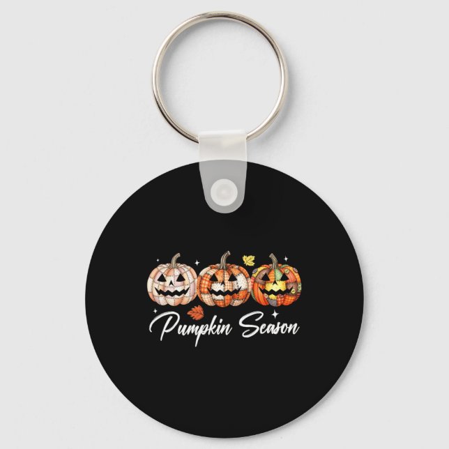 Halloween Patchwork Pumpkin Quilted Fall Aesthetic Key Ring (Front)