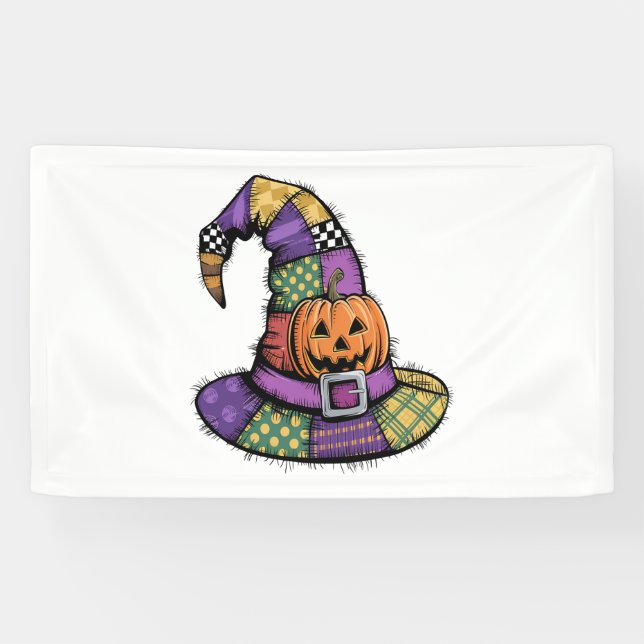 Halloween Patchwork Witch Hat Spooky Banner (Horizontal)