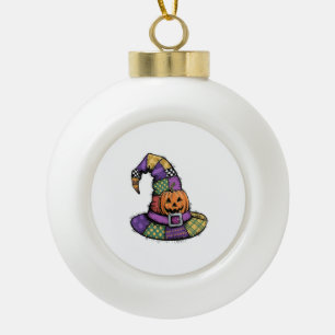 Halloween Patchwork Witch Hat Spooky Ceramic Ball Christmas Ornament