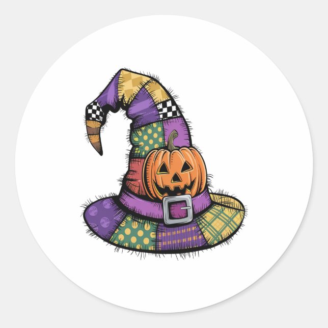 Halloween Patchwork Witch Hat Spooky Classic Round Sticker (Front)