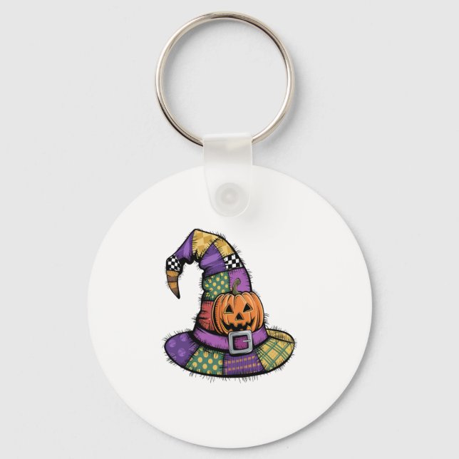 Halloween Patchwork Witch Hat Spooky Key Ring (Front)