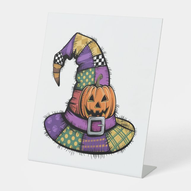 Halloween Patchwork Witch Hat Spooky Pedestal Sign (Front)