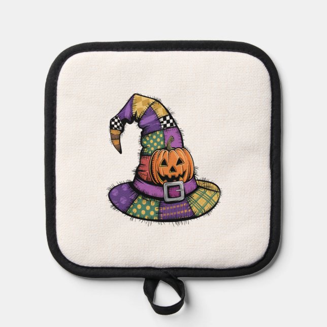 Halloween Patchwork Witch Hat Spooky Pot Holder (Front)