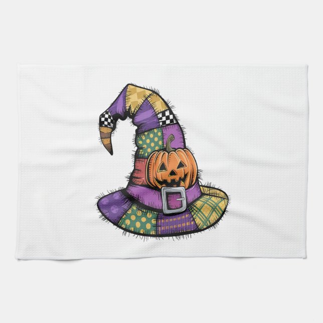 Halloween Patchwork Witch Hat Spooky Tea Towel (Horizontal)