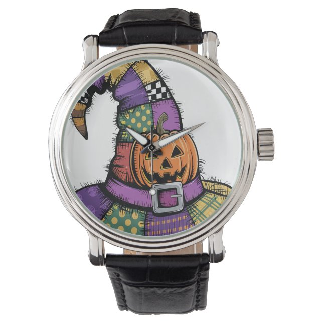Halloween Patchwork Witch Hat Spooky Watch (Front)