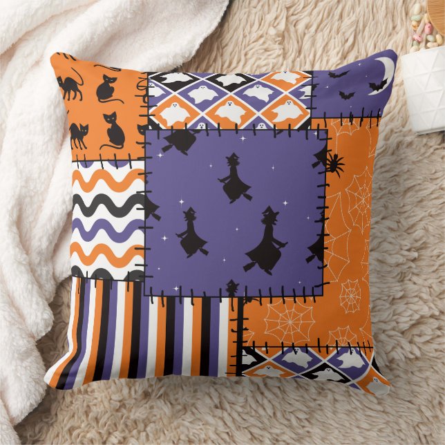 Halloween Patchwork Witches Cats Throw Pillow (Blanket)