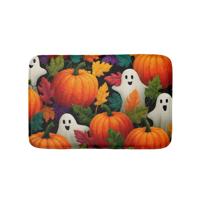 Halloween Pattern Background with Orange Pumpkins Bath Mat (Front)