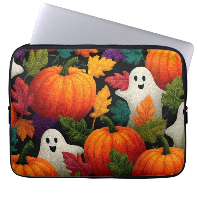 Halloween Pattern Background with Orange Pumpkins Laptop Sleeve (Front)
