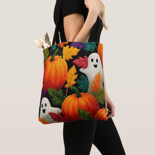 Halloween Pattern Background with Orange Pumpkins Tote Bag (Close Up)
