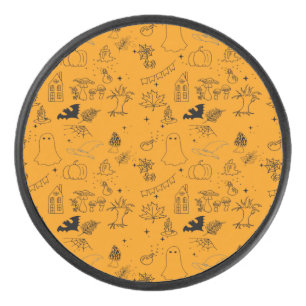 Halloween pattern of ghosts, houses, spiders hockey puck
