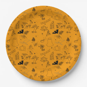 Halloween pattern of ghosts, houses, spiders squa paper plate