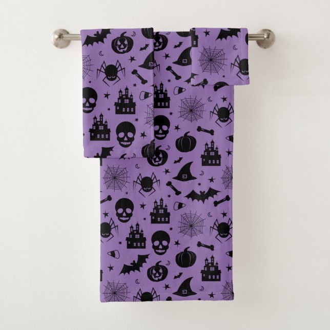 Halloween Pattern Purple and Black Bath Towel Set (Insitu)