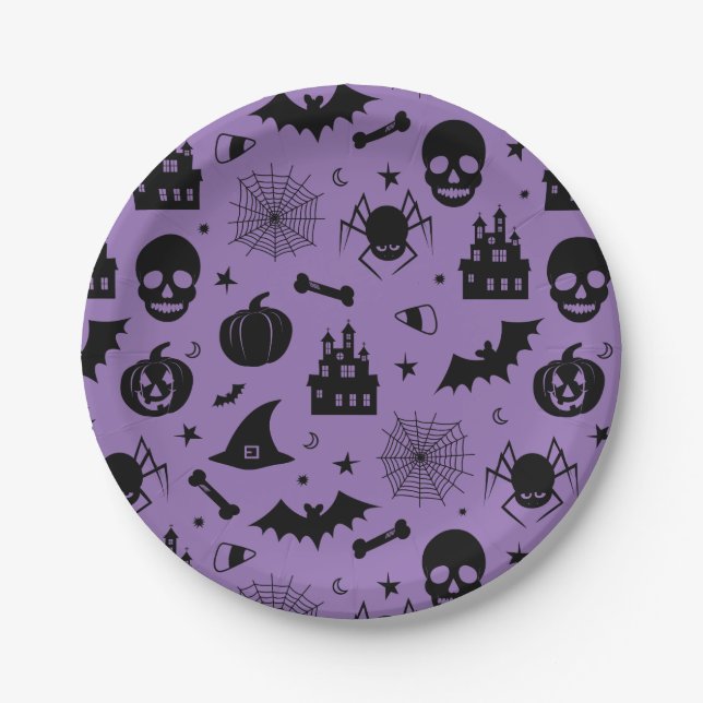 Halloween Pattern Purple and Black Paper Plate (Front)