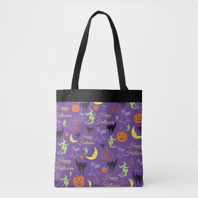 Halloween Pattern Purple Black Trick Or Treat Tote Bag (Front)