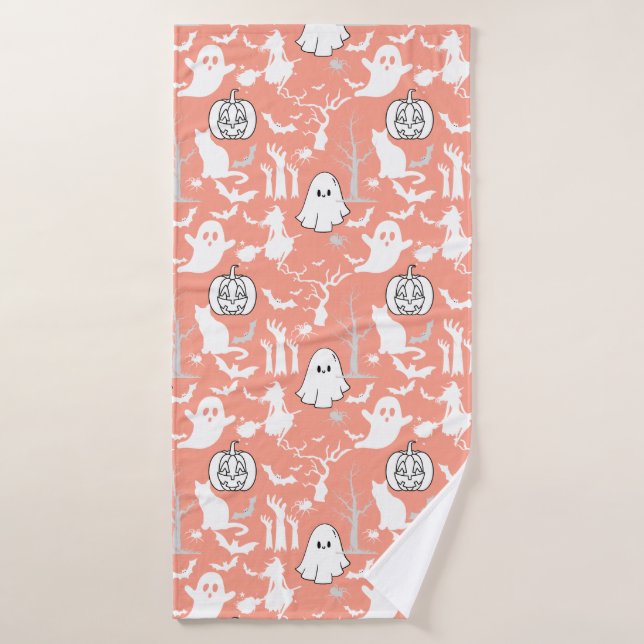 Halloween pattern. Spooky and cute.b L Orange BG Bath Towel (Bath Towel)