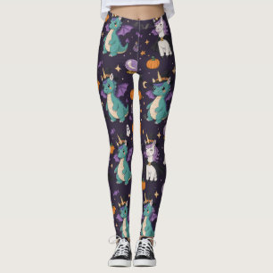 Halloween Pattern Witch Unicorns & Baby Dragon Leggings