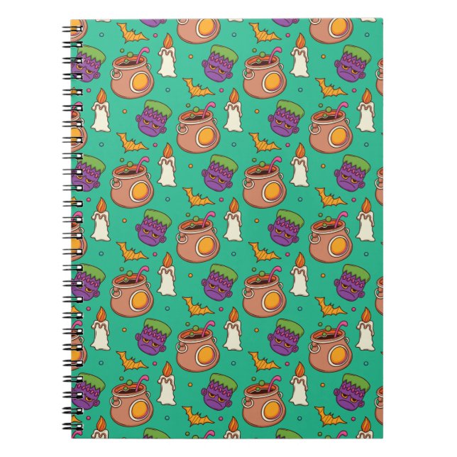 Halloween Pattern With Bats and Green Pattern Notebook (Front)