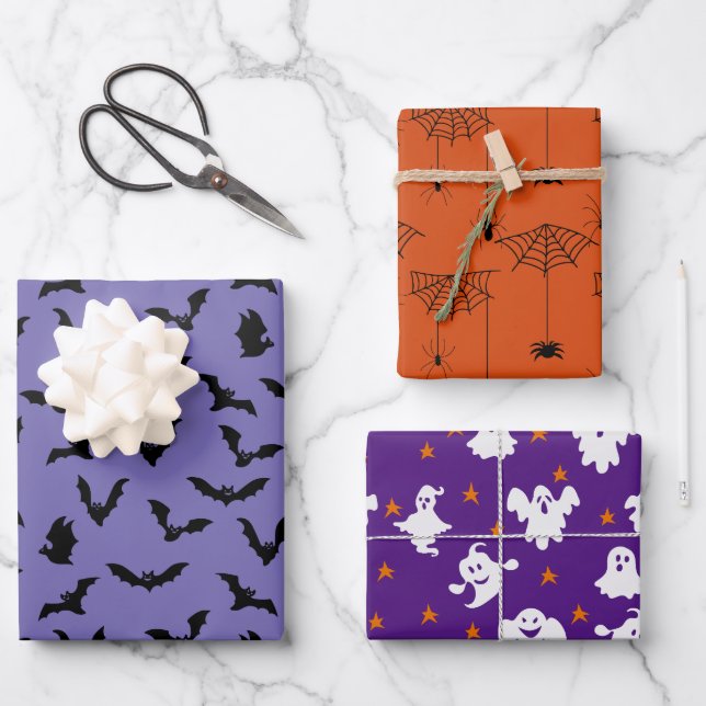 Halloween Patterns Ghost Pumpkins Spider Web Wrapping Paper Sheet (Front)