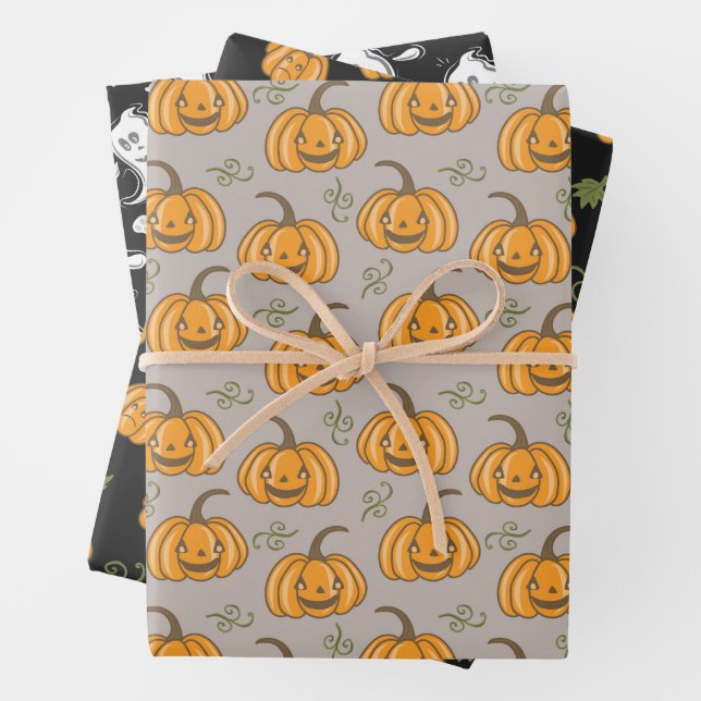Halloween Patterns Ghosts and Pumpkins Wrapping Paper Sheet (In situ)