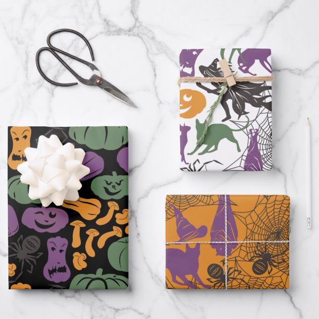 Halloween Patterns Witch Hat Cat Spider Set of 3  Wrapping Paper Sheet (Front)