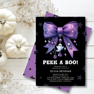 Halloween Peek A Boo Purple Bow Baby Shower Invitation