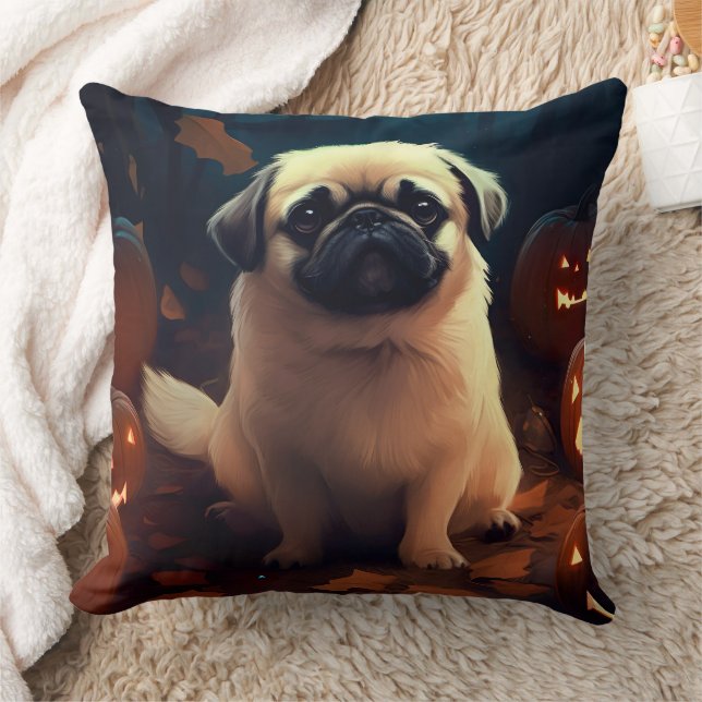 Halloween Pekingese With Pumpkins Scary Cushion (Blanket)