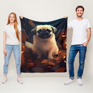 Halloween Pekingese With Pumpkins Scary Fleece Blanket