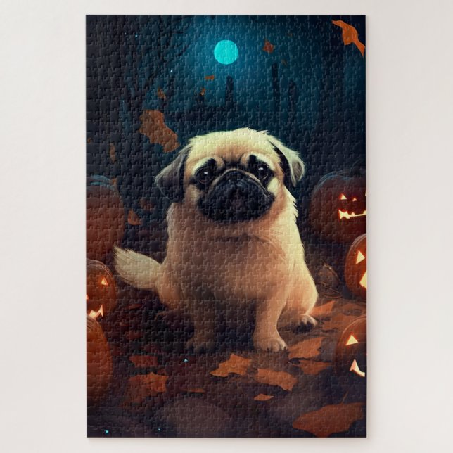 Halloween Pekingese With Pumpkins Scary Jigsaw Puzzle (Vertical)