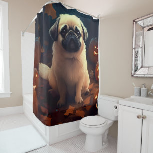 Halloween Pekingese With Pumpkins Scary Shower Curtain