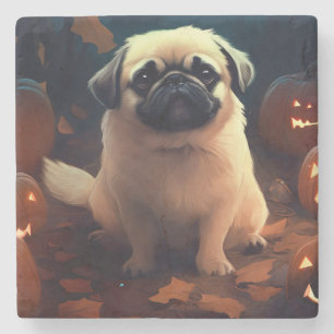 Halloween Pekingese With Pumpkins Scary Stone Coaster