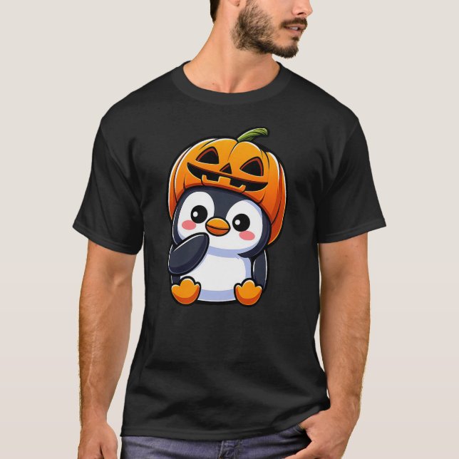 Halloween Penguin Pumpkin Hat T-Shirt (Front)