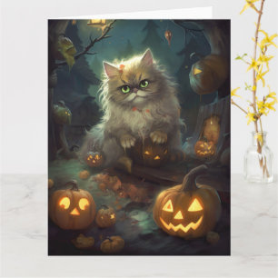 Halloween Persian Cat With Pumpkins Scary Card