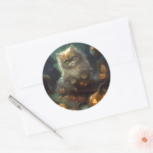 Halloween Persian Cat With Pumpkins Scary Classic Round Sticker
