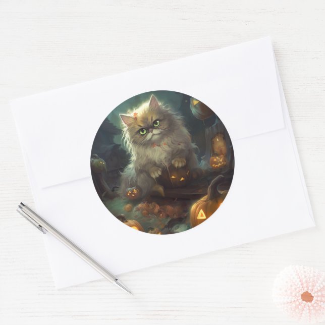 Halloween Persian Cat With Pumpkins Scary Classic Round Sticker (Envelope)