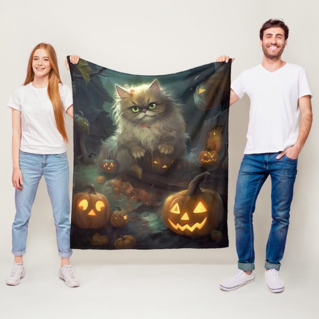 Halloween Persian Cat With Pumpkins Scary Fleece Blanket (In Situ)