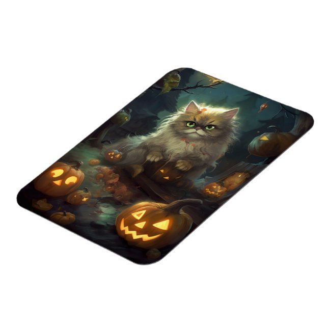 Halloween Persian Cat With Pumpkins Scary Magnet (Left Side)